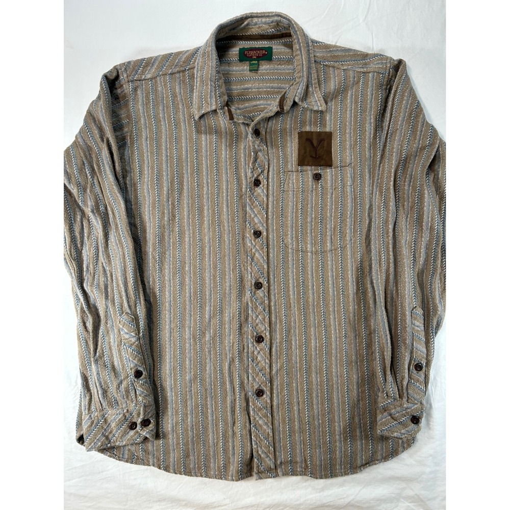 Cowboy Rancher Yellowstone Mens Large Tan Striped Cotton Button Down Shirt L